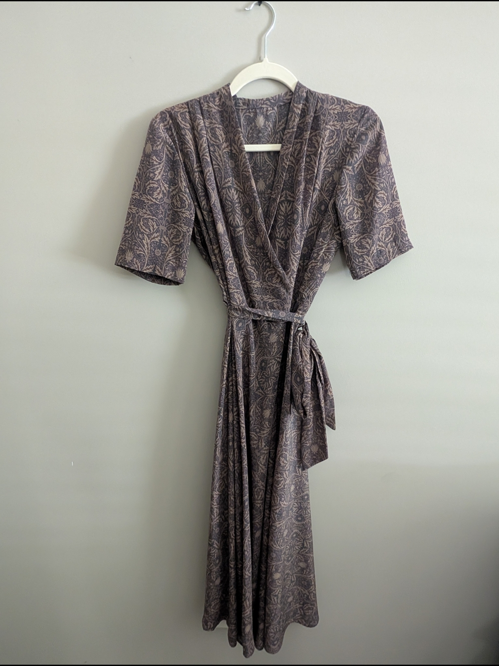 Brown and Mauve Floral Midi Wrap Dress